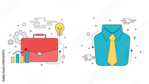 Modern business background showing briefcase shirt tie charts gears and idea concept suitable for corporate marketing startup planning professional presentation and web design