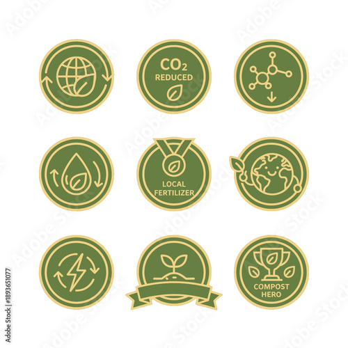 Vector UI icons and badges for composting benefits and environmental impact. Symbols for CO2 reduction, soil restoration, and eco-friendly certification in sustainable agriculture.