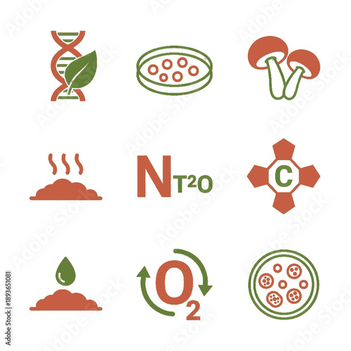 Professional vector icons for composting biology and microbiology. High-quality earth-tone graphics for soil science, decomposition processes, and natural nutrient cycles.