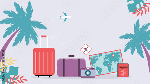Creative travel vacation background showing luggage airplane passport camera and world map ideal for tourism holiday booking travel agency presentation and web design