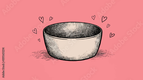 Hand-drawn sketch illustration of an empty bowl surrounded by hearts on a vibrant pink background, symbolizing love, care, and giving.