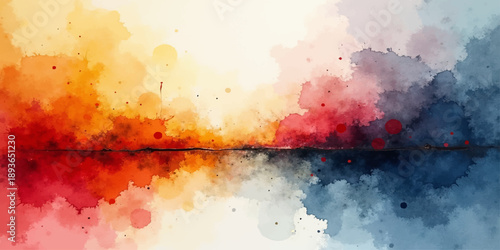 Vivid abstract grunge background featuring a fiery explosion of red and orange watercolor paint textures with smoky clouds and vintage paper patterns