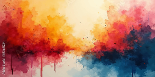 Vibrant abstract watercolor and grunge art background featuring a colorful explosion of orange fire and blue ink textures on vintage paper design