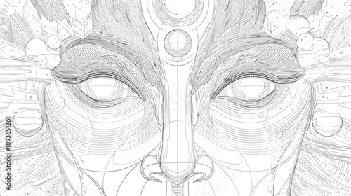 Detailed line art illustration of a serene spiritual deity face with intricate geometric patterns and cosmic elements, enlightenment concept.
