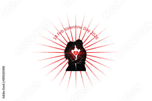 Couple Embracing with Heart in Romantic Silhouette with Red Accents on White Background for Valentines Day Greeting