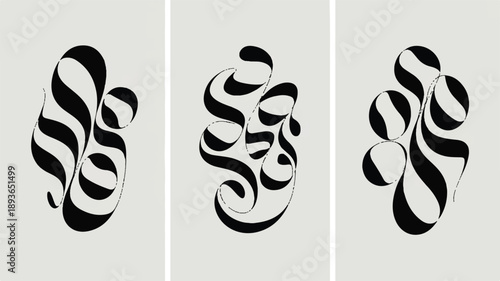 Abstract fluid art triptych in black and white on a neutral background, minimalist wall decor