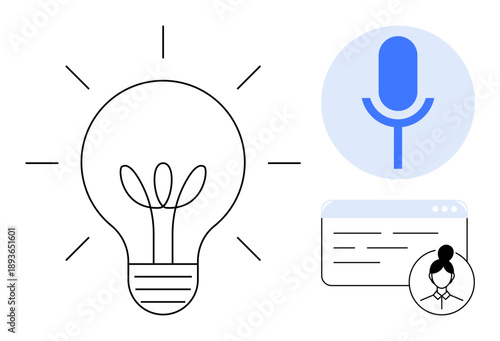 Creativity, innovation, technology integration, voice recognition, digital solutions, communication tools. Light bulb, microphone digital interface profile. Creativity and technology integration