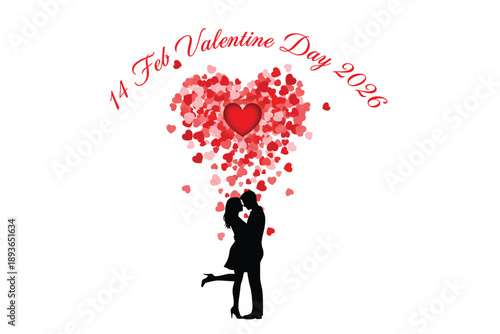 Couple Proposing on Valentines Day in Romantic Silhouette with Red Heart Shaped Confetti in Elegant Cursive Font for Greeting Card