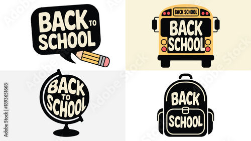 Engaging Back to School graphics school bus, student backpack, world globe, and pencil speech bubble. Ideal for academic season