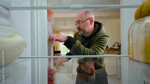 Man opening fridge and reaching for eggs with focused expression, view from inside of fridge. Male looking for ingredients while feeling concentrated and slightly hungry. Guy grabbing egg container