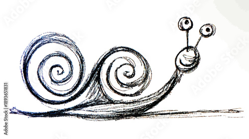 Stylized hand-drawn snail illustration with a whimsical, cartoonish design and spiral shell on a white background