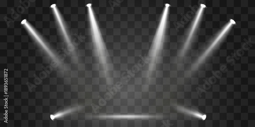 Vector spotlights png, studio lighting. Light beams and transparent light effect. White light source. Bright lighting with spotlights. Vector isolated on transparent background.