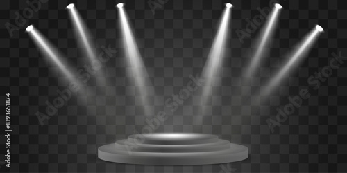 Vector 3d podium with spotlights png. Scene spotlight beams, studio lighting. Empty stage or pedestal. Podium for award ceremony, product presentation. Bright lighting with spotlights.