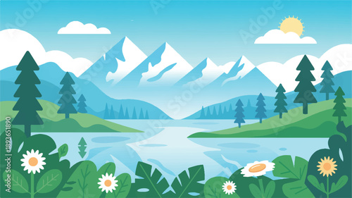 A Serene Mountain Landscape Illustration with a Calm Lake and Lush Greenery Under a Sunny Sky