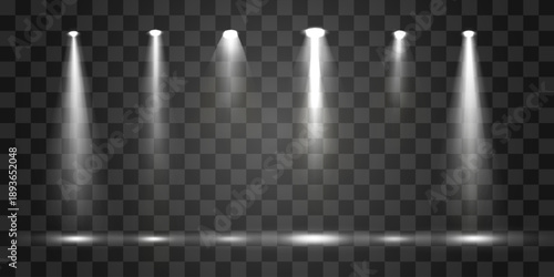 Vector spotlights png, studio lighting. Light beams and transparent light effect. White light source. Bright lighting with spotlights. Vector isolated on transparent background.