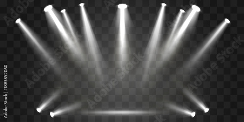 Vector spotlights png, studio lighting. Light beams and transparent light effect. White light source. Bright lighting with spotlights. Vector isolated on transparent background.