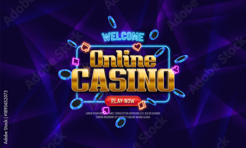 Online Casino banner with poker chips on a bright background. Vector illustration.