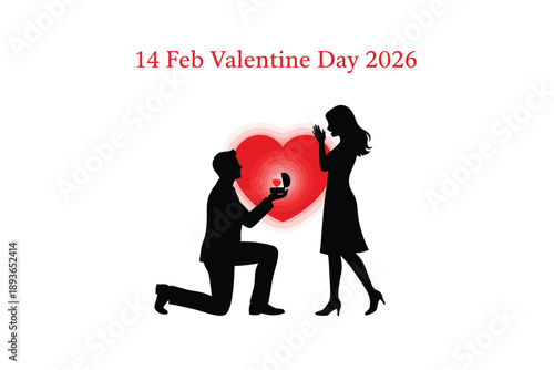 Couple Proposing in Silhouette with Red Heart in Romantic Gesture for Valentines Day Greeting