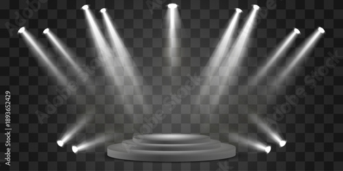 Vector 3d podium with spotlights png. Scene spotlight beams, studio lighting. Empty stage or pedestal. Podium for award ceremony, product presentation. Bright lighting with spotlights.