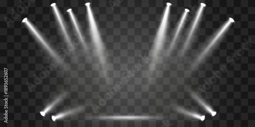 Vector spotlights png, studio lighting. Light beams and transparent light effect. White light source. Bright lighting with spotlights. Vector isolated on transparent background.