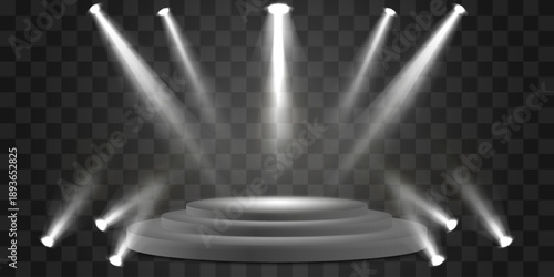 Vector 3d podium with spotlights png. Scene spotlight beams, studio lighting. Empty stage or pedestal. Podium for award ceremony, product presentation. Bright lighting with spotlights.