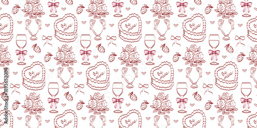 Hand-drawn coquette wedding pattern. Vintage ribbons and bows in crayon sketch style. Seamless, romantic background for Valentine's Day and invitations.