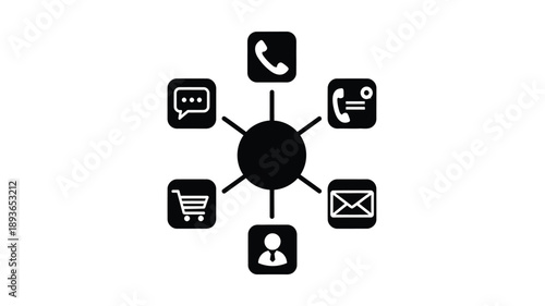 Communication icons radiating from a central point black silhouette