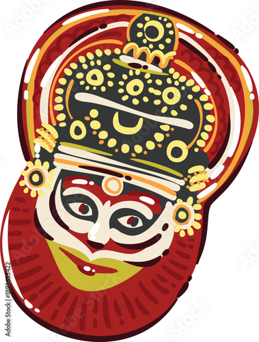 Traditional kathakali mask with expressive face, ornate headgear, theatrical makeup, folk performance character, cultural costume detail, dramatic kathakali design, decorative vector illustration