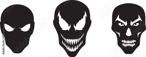 Three Black and White Skull Faces with Different Expressions in Sketched Style