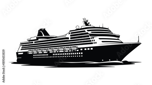 Detailed black and white illustration of a large cruise ship silhouette