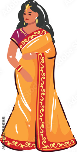 Traditional indian sari worn by woman with jewelry, long hair, decorative border fabric, cultural clothing detail, ethnic costume style, feminine sari outfit character, vector illustration