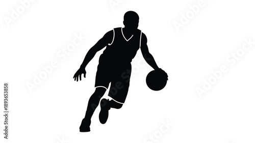 A basketball player dribbling with the ball in dynamic motion silhouette