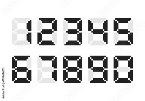 Pixel LCD numbers. Retro digital figures for a electronic devices. Classic vintage calculators, timers or scoreboard screens. Vector illustration.