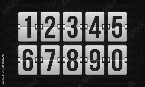 Mechanical scoreboard. White flip board with black numbers for alarm timers, airports, sports events, date displays, and countdowns. Clock counter panel. Vector illustration.