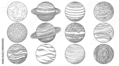 Hand-drawn cosmic planets and celestial bodies collection with various textures and rings, line art engraving style set