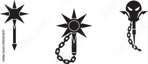 Black and white sketched of three different maces with star and chain