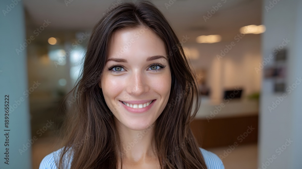 Fototapeta premium A friendly and professional woman with a bright smile is captured in a close up portrait within a blurred office lobby environment