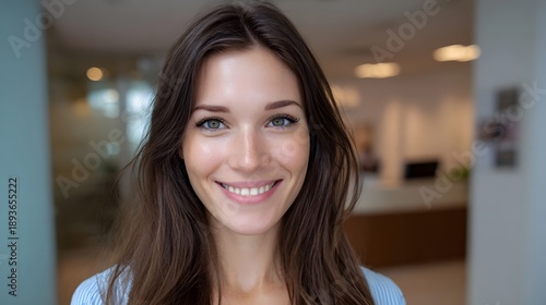 Wallpaper Mural A friendly and professional woman with a bright smile is captured in a close up portrait within a blurred office lobby environment Torontodigital.ca