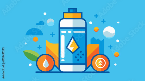 Electrolyte supplement bottle with hydration and energy icons representing health, fitness and active lifestyle benefits