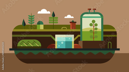 Underground agriculture system with greenhouse, water tanks and soil layers representing sustainable farming technology