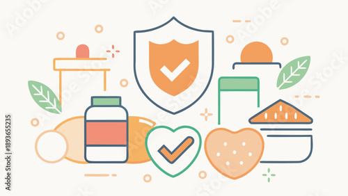 Healthy food and supplement icons with shield symbol representing immunity, nutrition and health protection