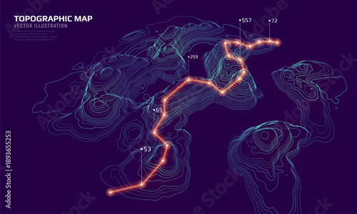 3D topographic map. Geographic contour map background with elevation lines. Detailed terrain visualization concept. Vector illustration of landscape elevations and natural relief.