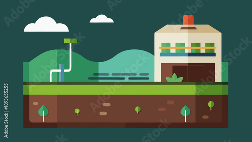 Sustainable farming facility with underground soil layers, water system and modern building integrated into natural landscape