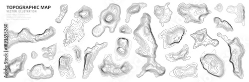 Set of geographic contour map elements with wavy geometric texture. Topographic map. Vector elevation lines with terrain patterns.