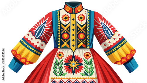 Very beautiful close-up of a traditional Ukrainian women’s embroidered dress with symbolic patterns and fine fabric texture, isolated on white background, representing cultural storytelling and herita