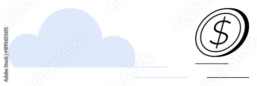Fintech, cloud computing, online payments, digital transactions, financial technology, data storage. A stylized cloud and a coin with a dollar symbol. Cloud computing and online payments concept