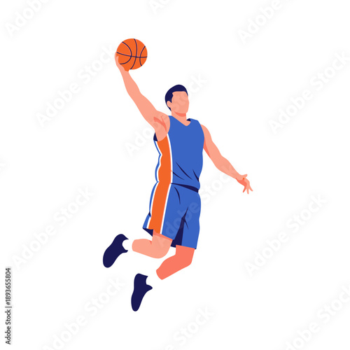 Basketball player jumping and dunking isolated on white background, dynamic action illustration.