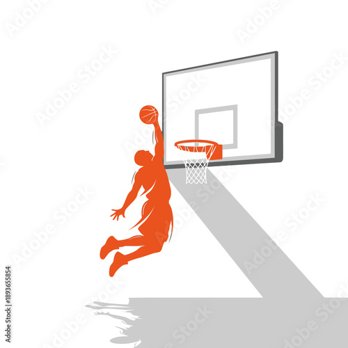 Basketball player dunking on white background, dynamic action shot, orange silhouette