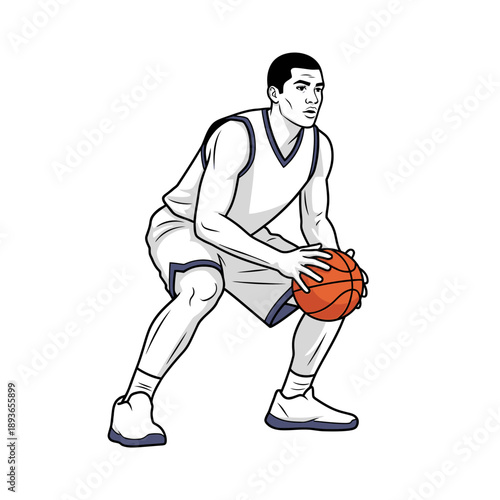 Basketball Player Dribbling Ball in Action Pose - Graphic Illustration