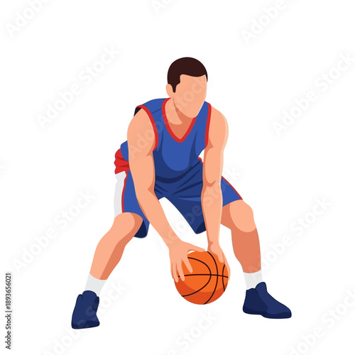 Basketball Player Dribbling Ball Isolated White Background Flat Design